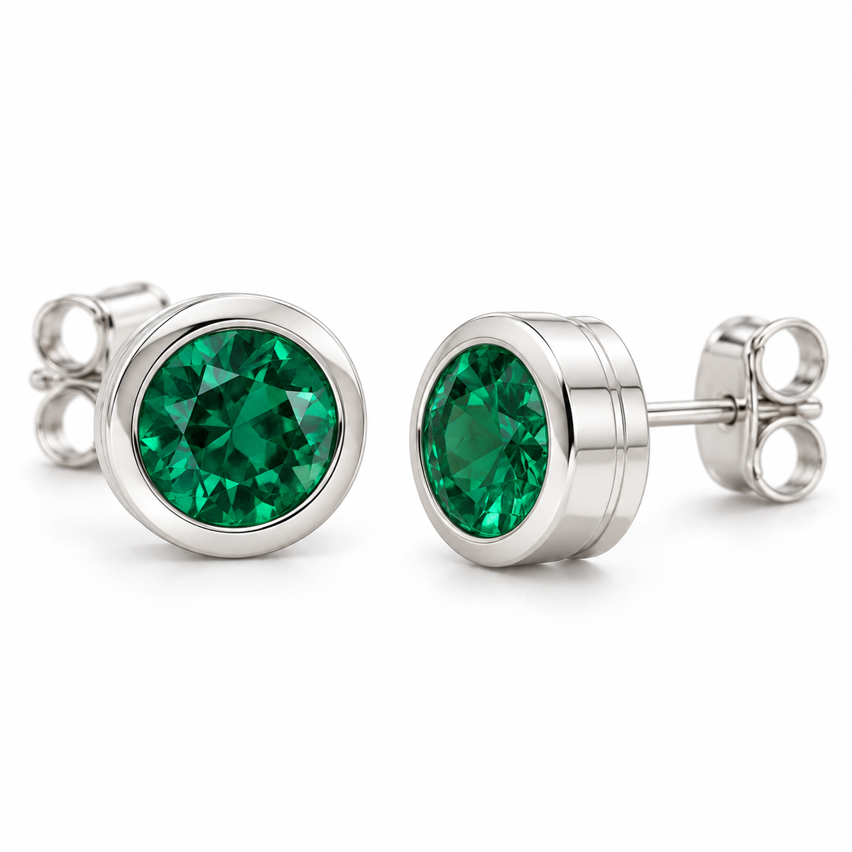 14K White Gold Lab-Grown Emerald Classic Bezel Stud Earrings — 6 mm stones — enhanced studio view