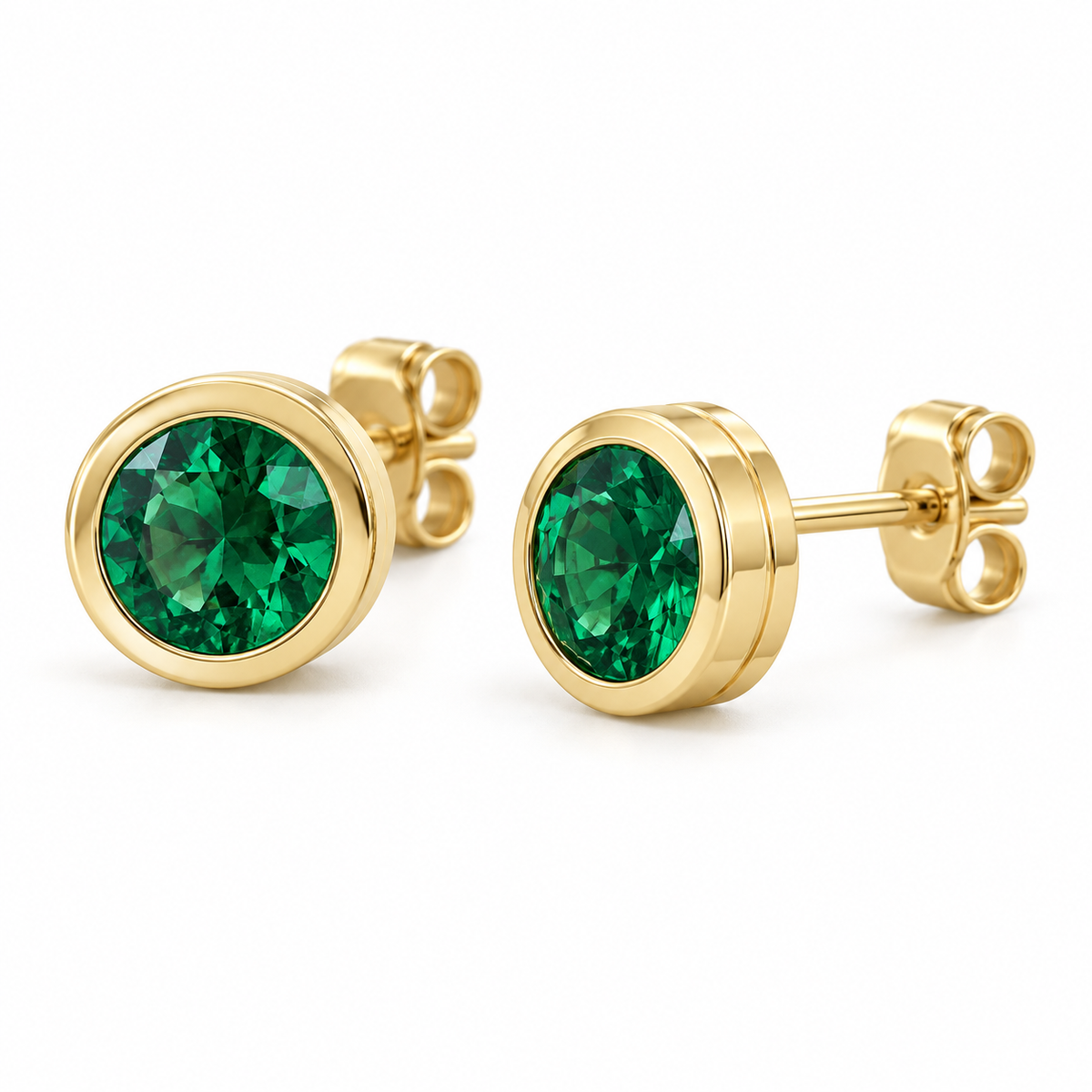 14K Yellow Gold Lab-Grown Emerald Classic Bezel Stud Earrings — 6 mm stones — enhanced studio view