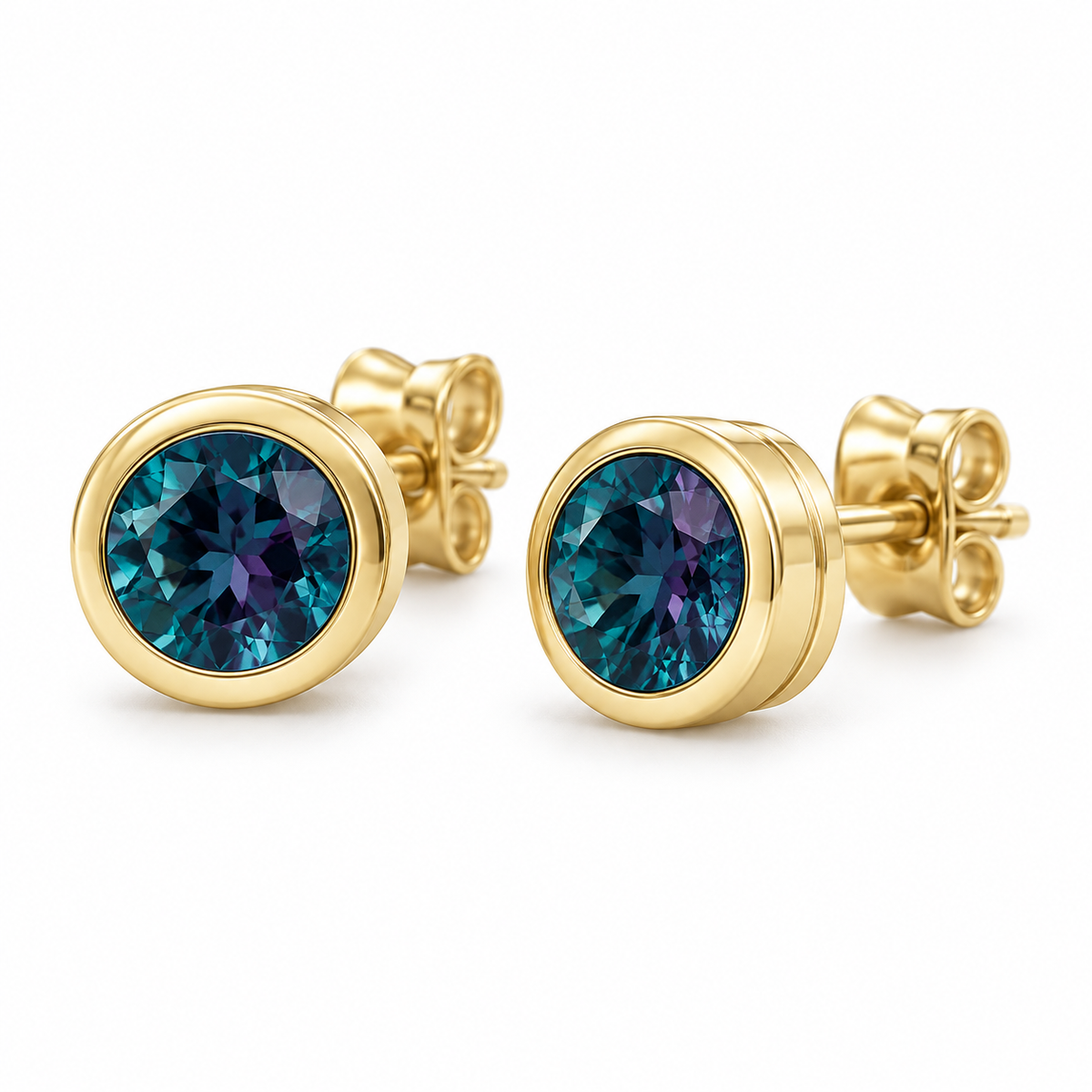 14K Yellow Gold Lab-Grown Alexandrite Classic Bezel Stud Earrings — 6 mm stones — enhanced studio view