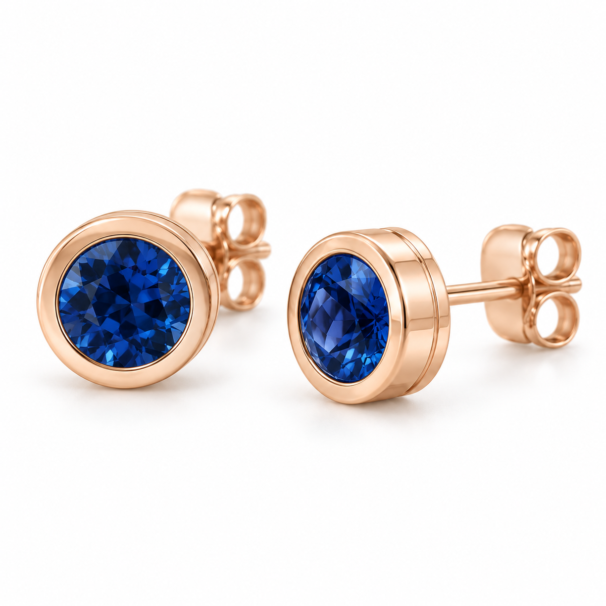 14K Rose Gold Lab-Grown Blue Sapphire Classic Bezel Stud Earrings — 6 mm stones — enhanced studio view
