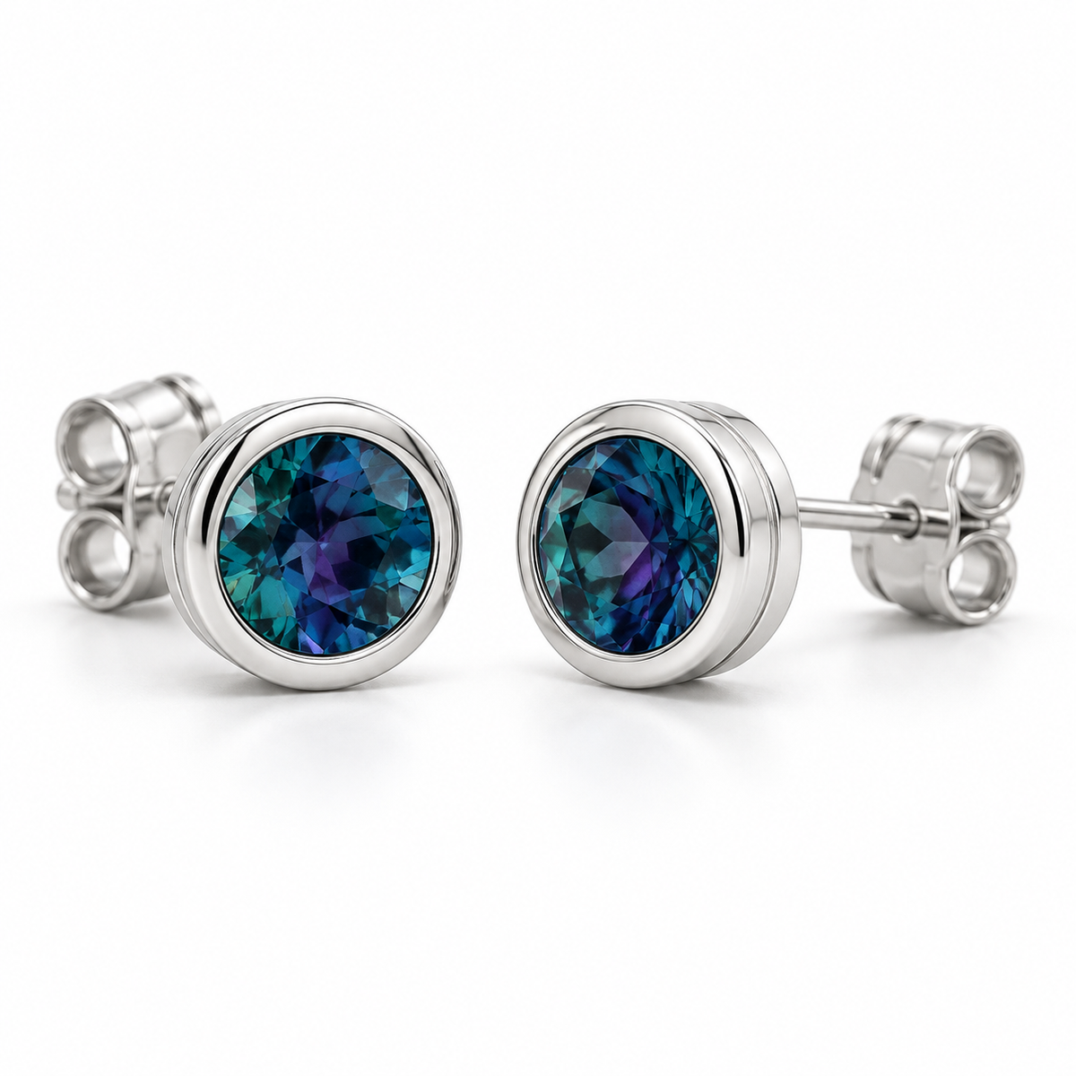 14K White Gold Lab-Grown Alexandrite Classic Bezel Stud Earrings — 5 mm stones — enhanced studio view