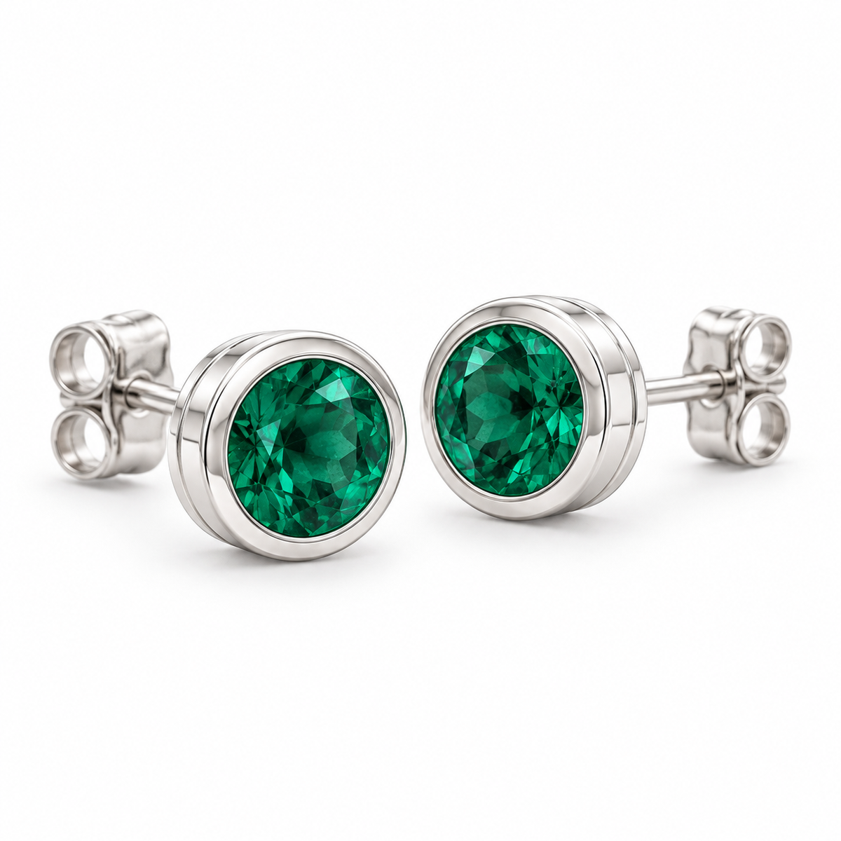 14K White Gold Lab-Grown Emerald Classic Bezel Stud Earrings — 5 mm stones — enhanced studio view