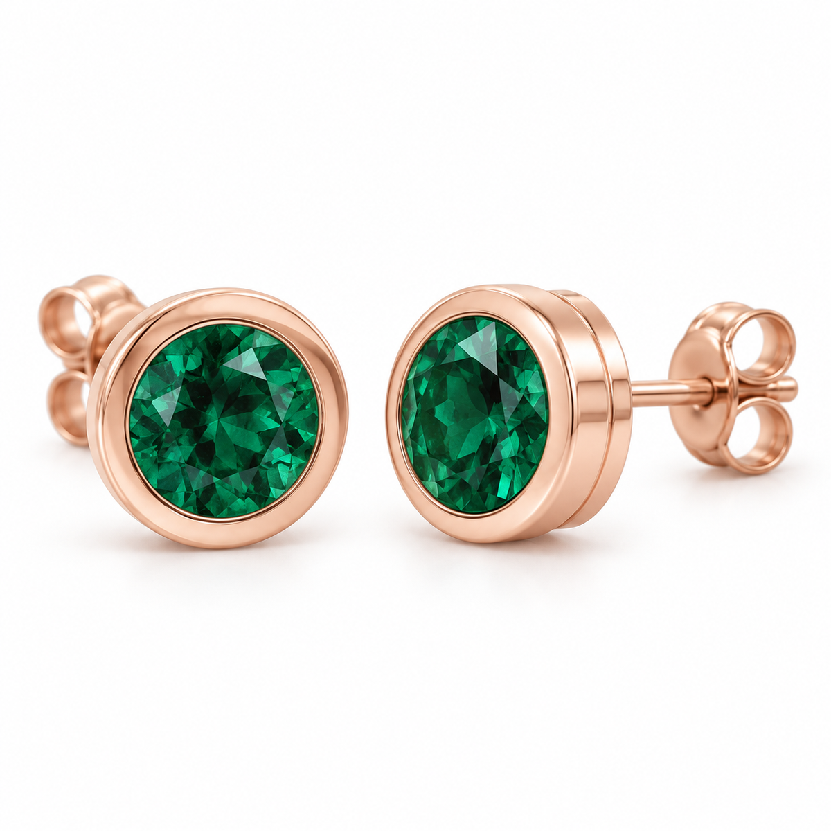 14K Rose Gold Lab-Grown Emerald Classic Bezel Stud Earrings — 5 mm stones — enhanced studio view