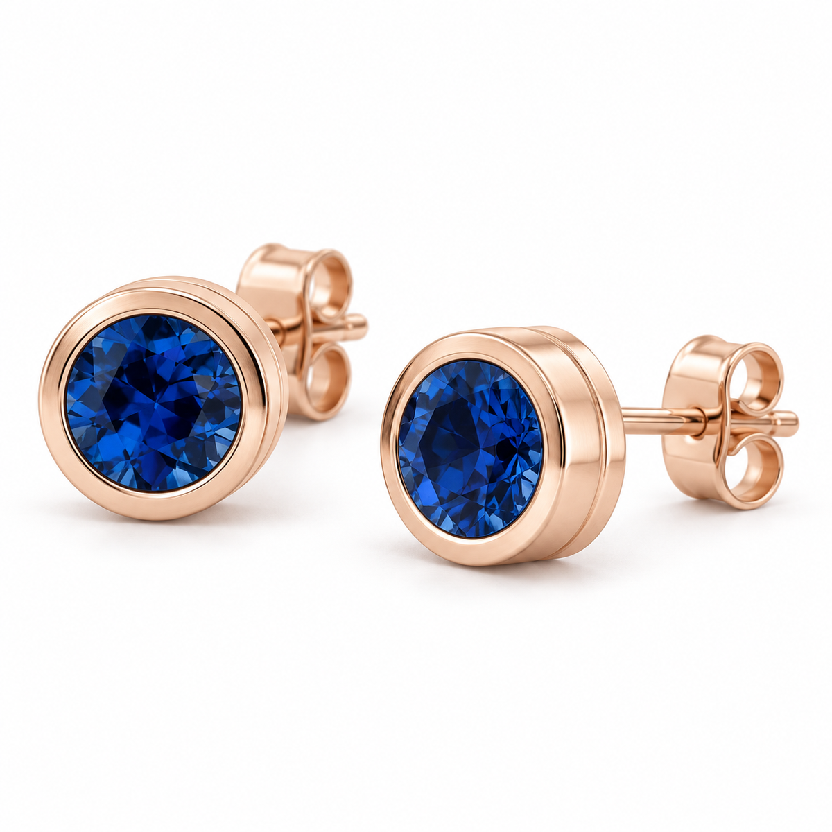 14K Rose Gold Lab-Grown Blue Sapphire Classic Bezel Stud Earrings — 5 mm stones — enhanced studio view
