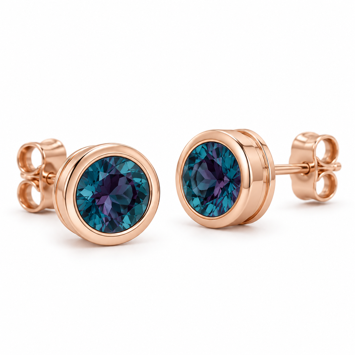 14K Rose Gold Lab-Grown Alexandrite Classic Bezel Stud Earrings — 5 mm stones — enhanced studio view