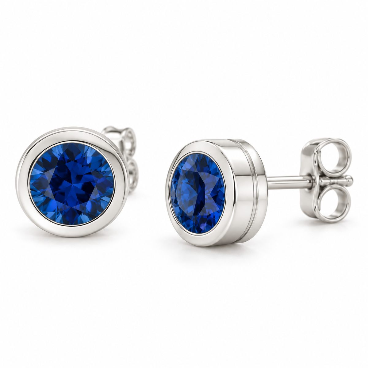 14K White Gold Lab-Grown Blue Sapphire Classic Bezel Stud Earrings — 5 mm stones — enhanced studio view