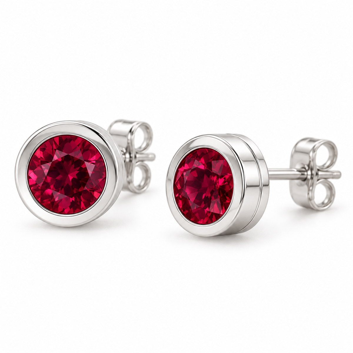 14K White Gold Lab-Grown Ruby Classic Bezel Stud Earrings — 5 mm stones — enhanced studio view