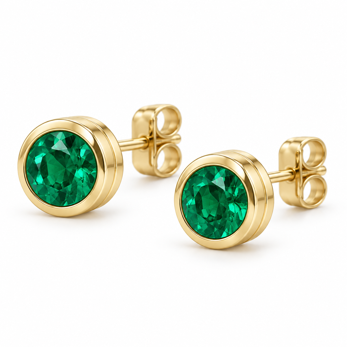 14K Yellow Gold Lab-Grown Emerald Classic Bezel Stud Earrings — 5 mm stones — enhanced studio view