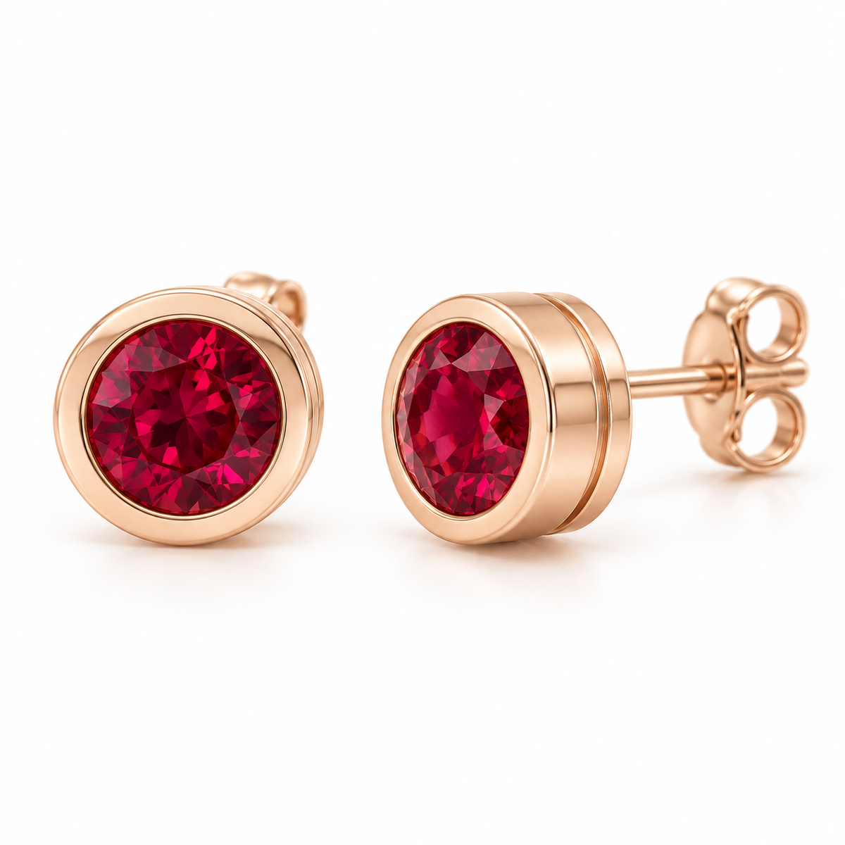 14K Rose Gold Lab-Grown Ruby Classic Bezel Stud Earrings — 5 mm stones — enhanced studio view