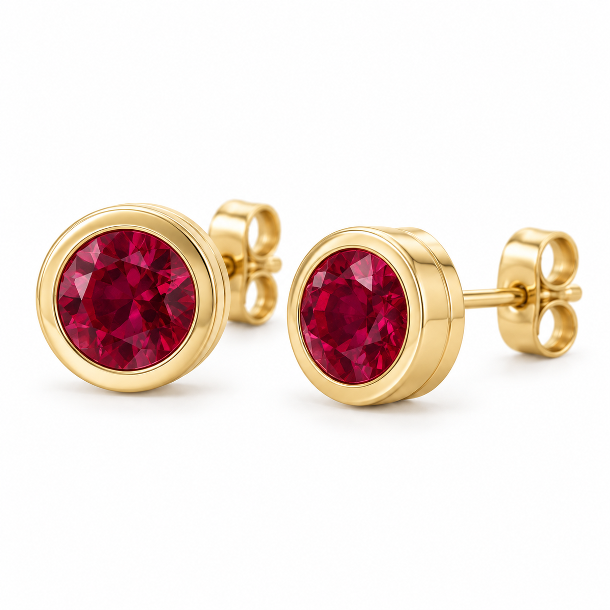 14K Yellow Gold Lab-Grown Ruby Classic Bezel Stud Earrings — 5 mm stones — enhanced studio view