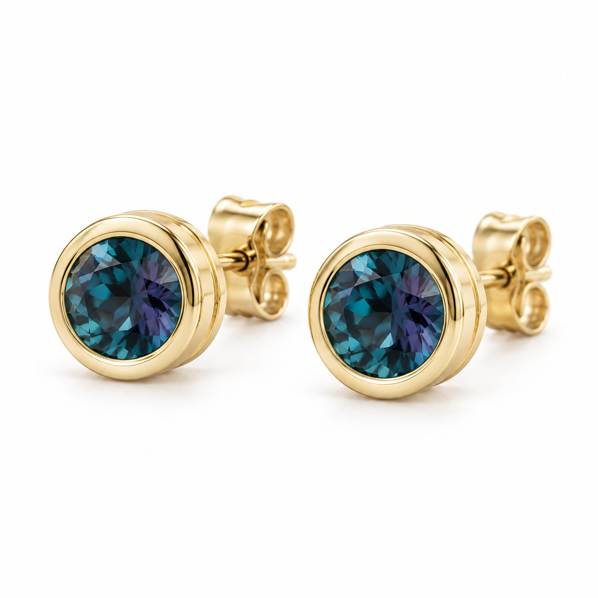 14K Yellow Gold Lab-Grown Alexandrite Classic Bezel Stud Earrings — 5 mm stones — enhanced studio view