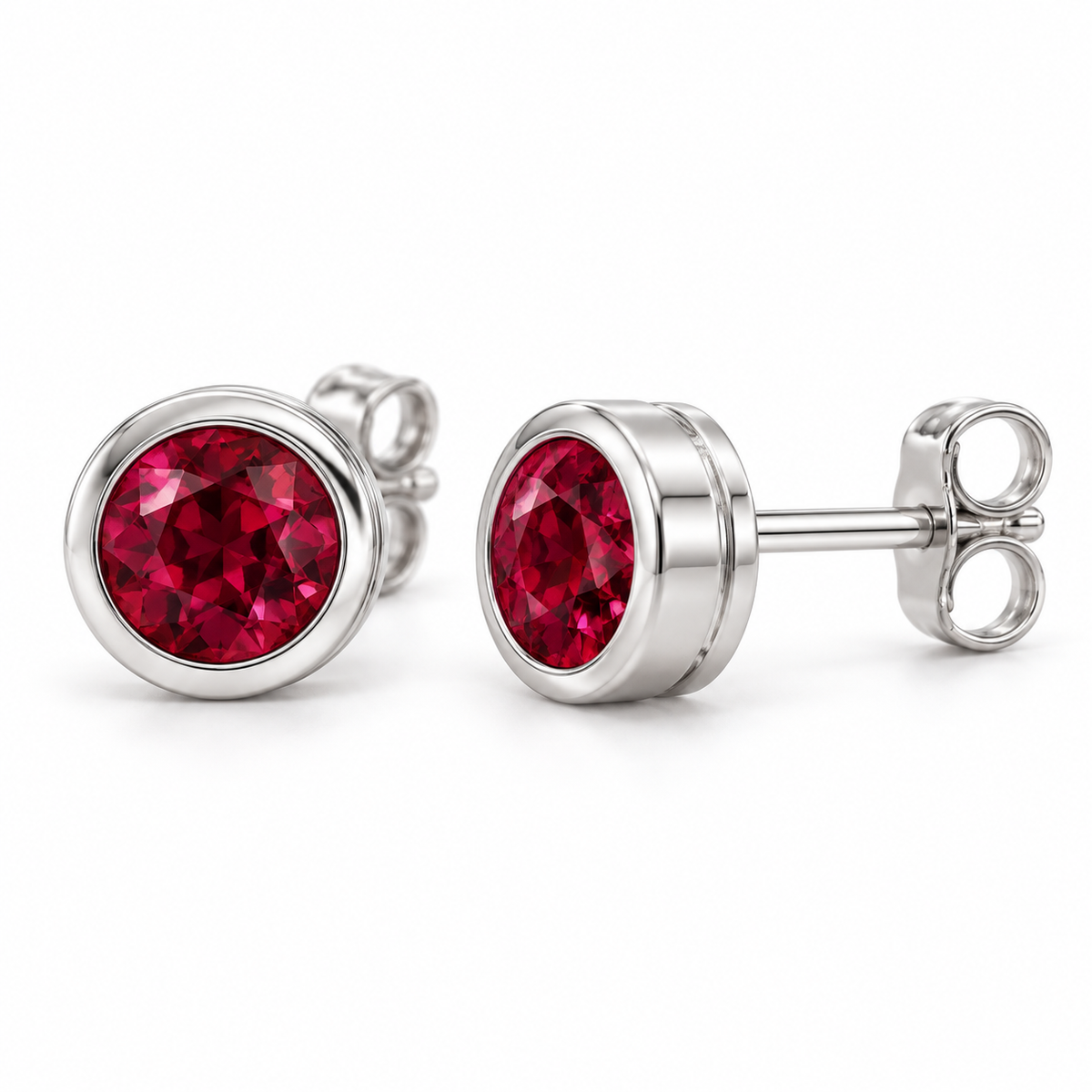 14K White Gold Lab-Grown Ruby Classic Bezel Stud Earrings — 4 mm stones — enhanced studio view