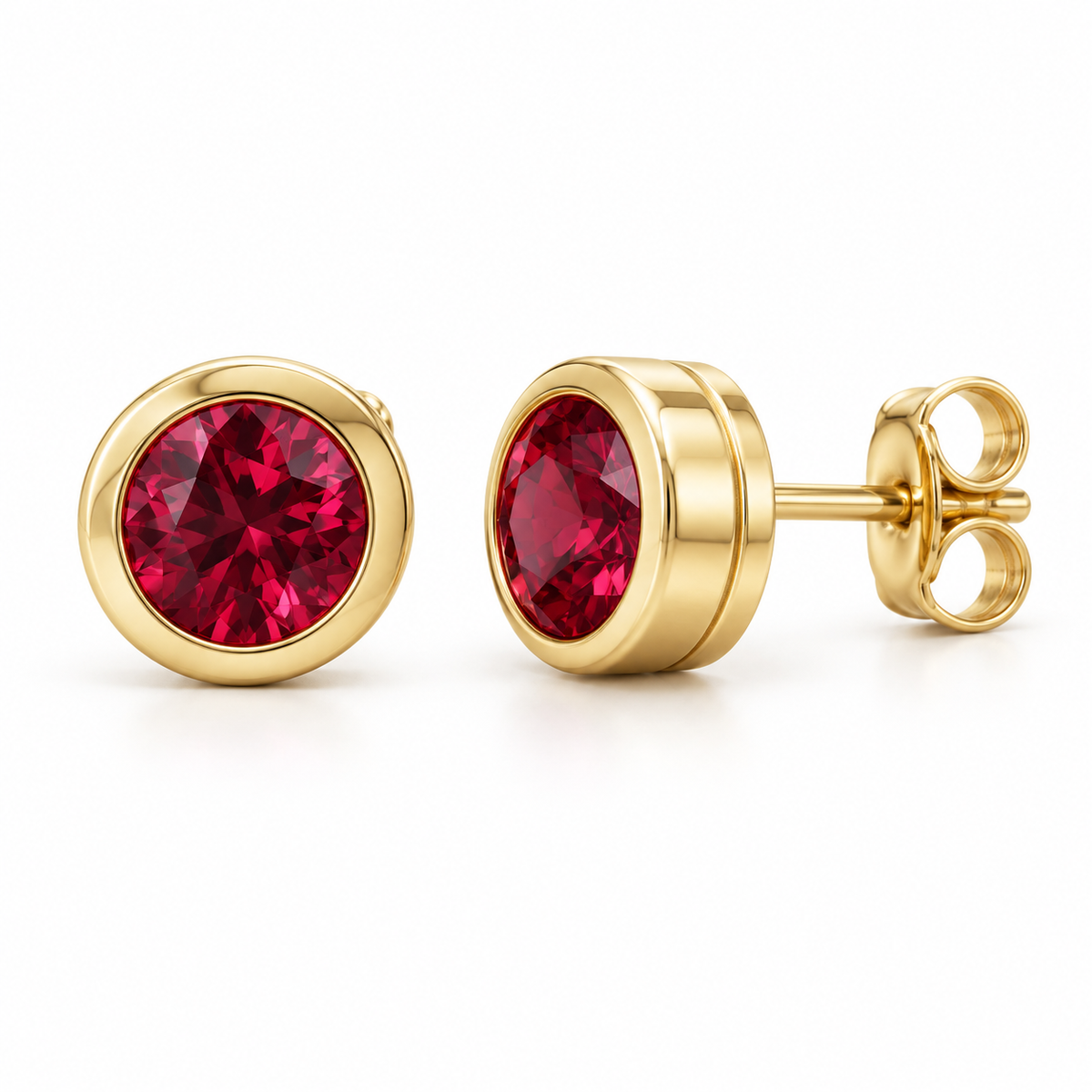 14K Yellow Gold Lab-Grown Ruby Classic Bezel Stud Earrings — 4 mm stones — enhanced studio view