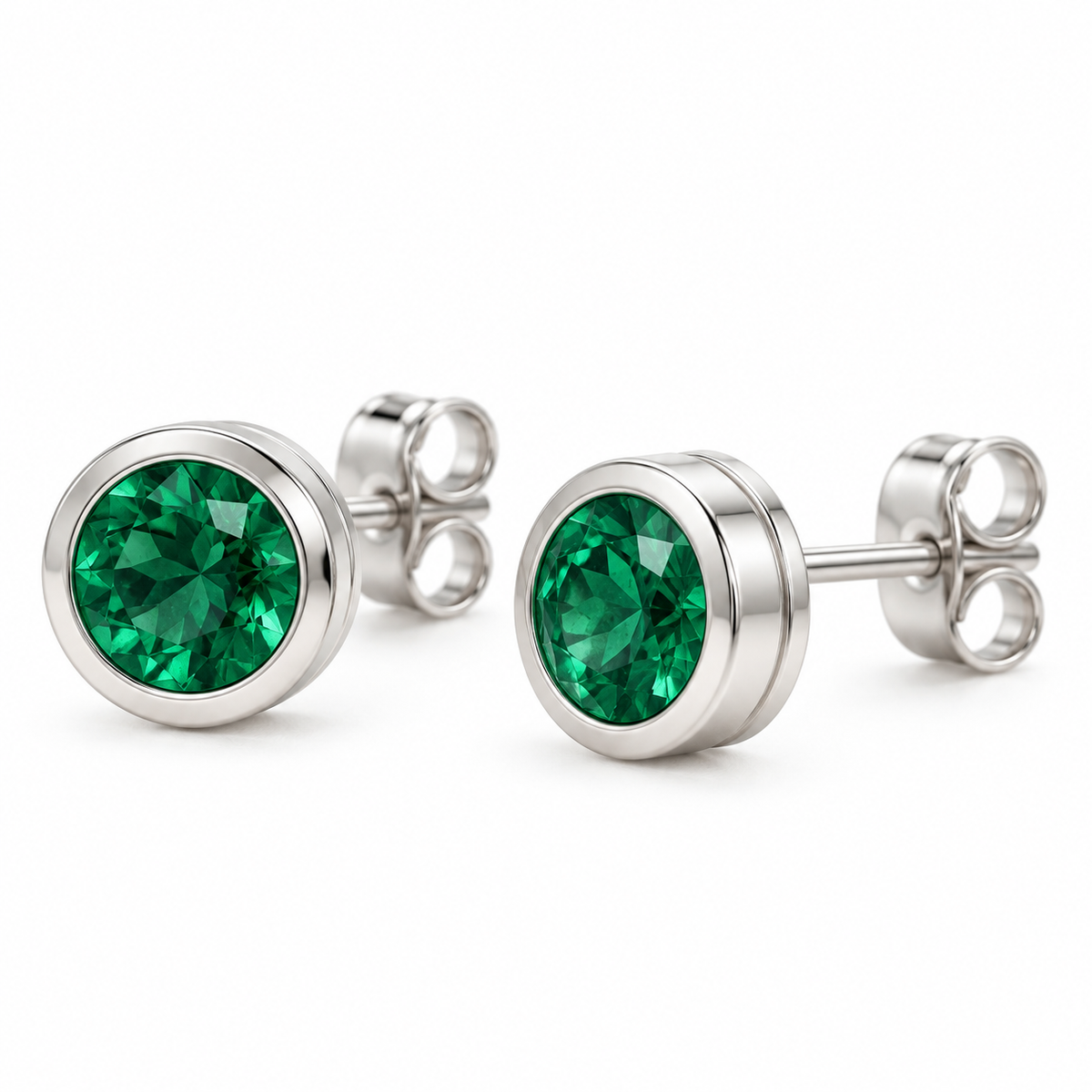 14K White Gold Lab-Grown Emerald Classic Bezel Stud Earrings — 4 mm stones — enhanced studio view