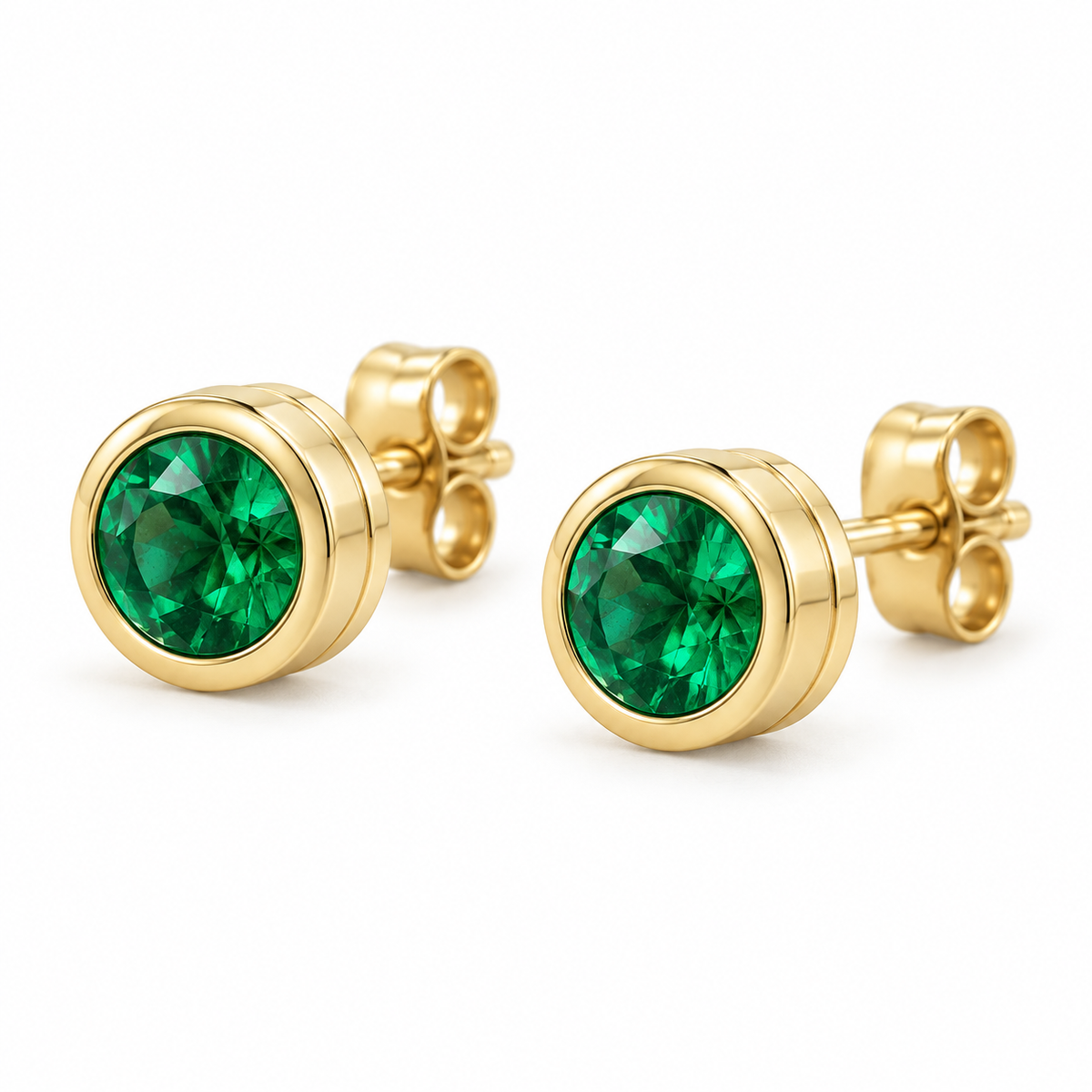 14K Yellow Gold Lab-Grown Emerald Classic Bezel Stud Earrings — 4 mm stones — enhanced studio view
