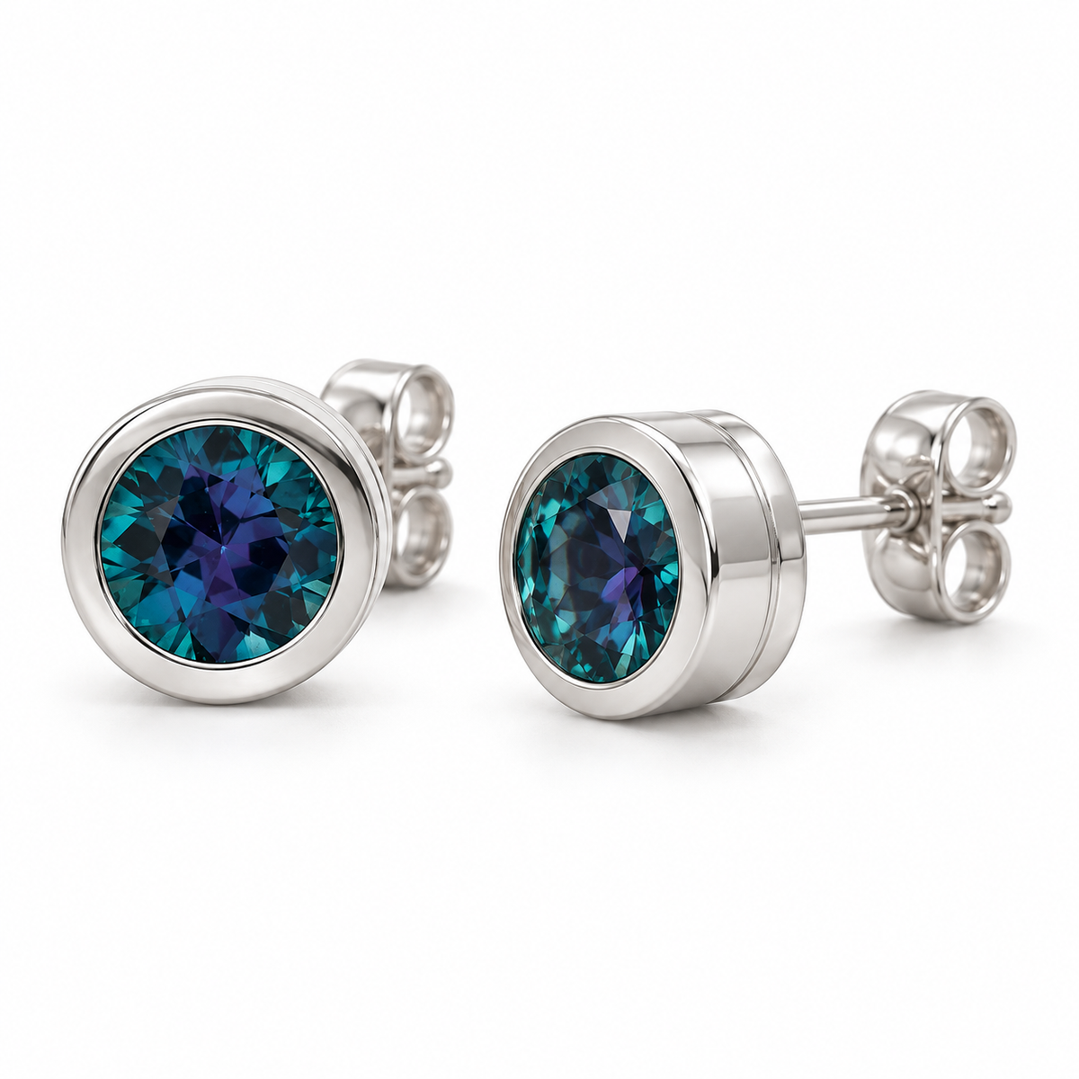 14K White Gold Lab-Grown Alexandrite Classic Bezel Stud Earrings — 4 mm stones — enhanced studio view