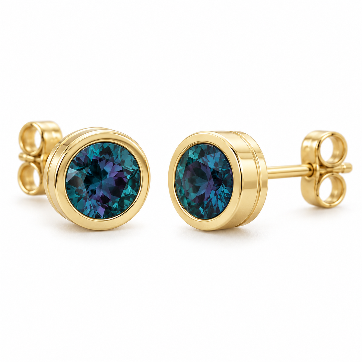 14K Yellow Gold Lab-Grown Alexandrite Classic Bezel Stud Earrings — 4 mm stones — enhanced studio view