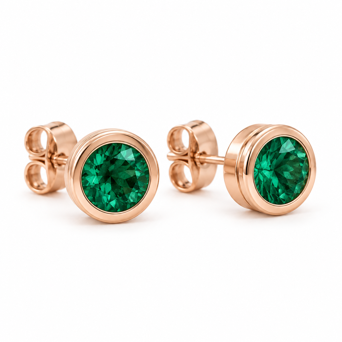 14K Rose Gold Lab-Grown Emerald Classic Bezel Stud Earrings — 4 mm stones — enhanced studio view