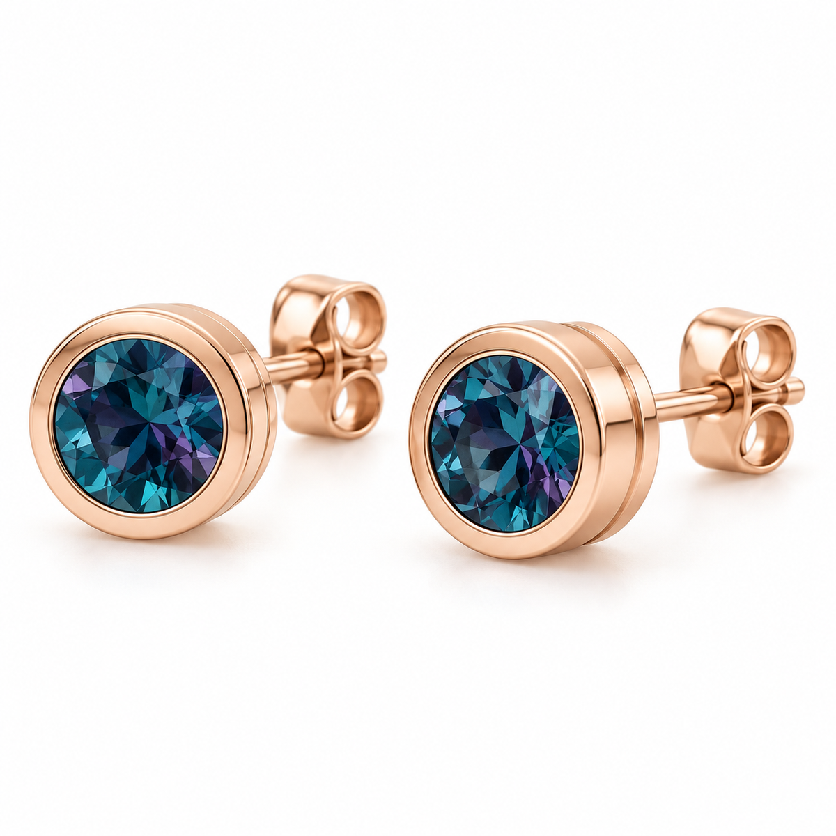 14K Rose Gold Lab-Grown Alexandrite Classic Bezel Stud Earrings — 4 mm stones — enhanced studio view