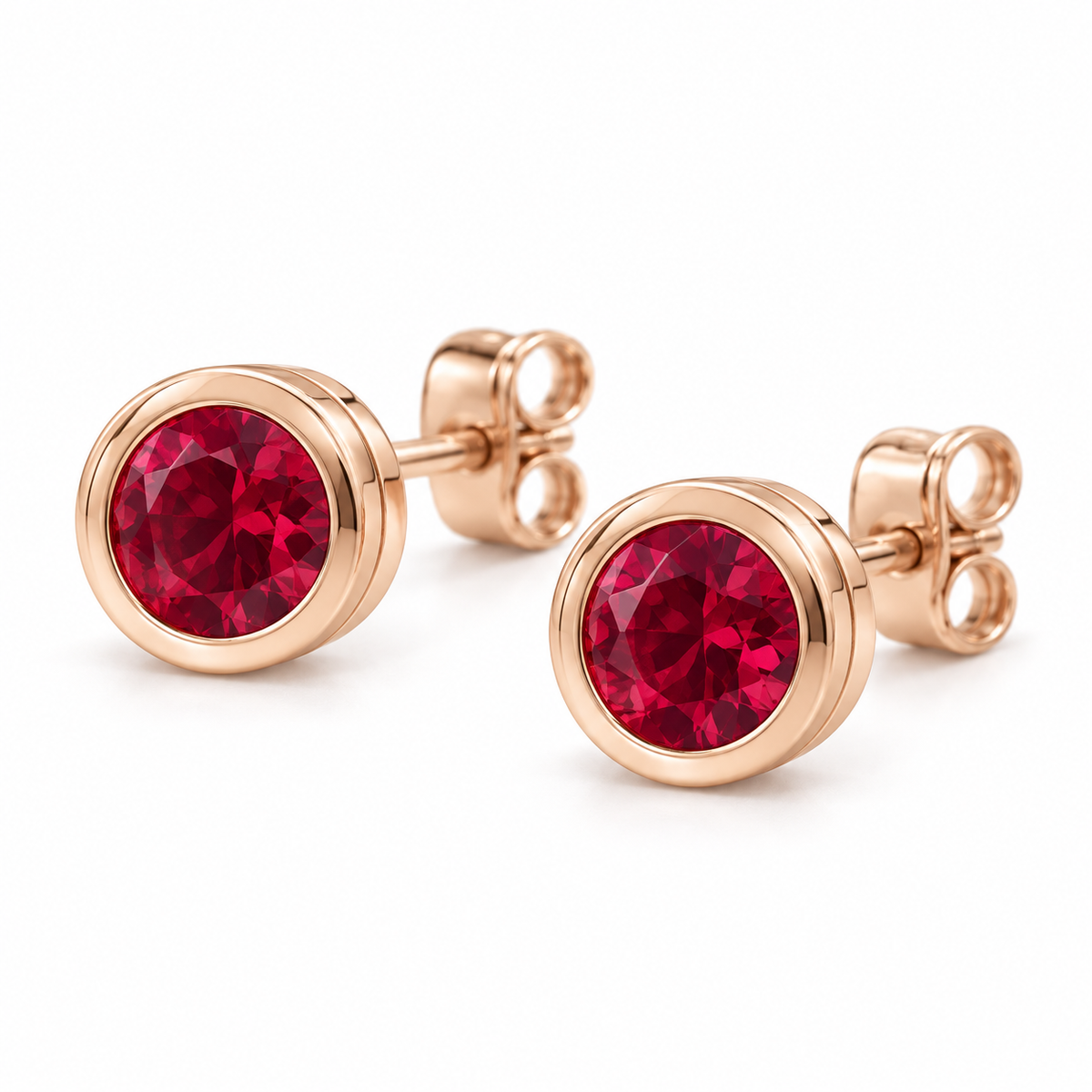 14K Rose Gold Lab-Grown Ruby Classic Bezel Stud Earrings — 4 mm stones — enhanced studio view