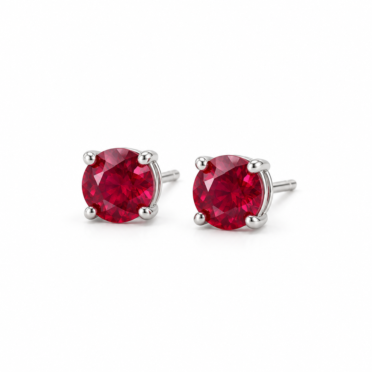 14K White Gold Lab-Grown Ruby Four-Prong Stud Earrings — 5 mm stones — enhanced studio view