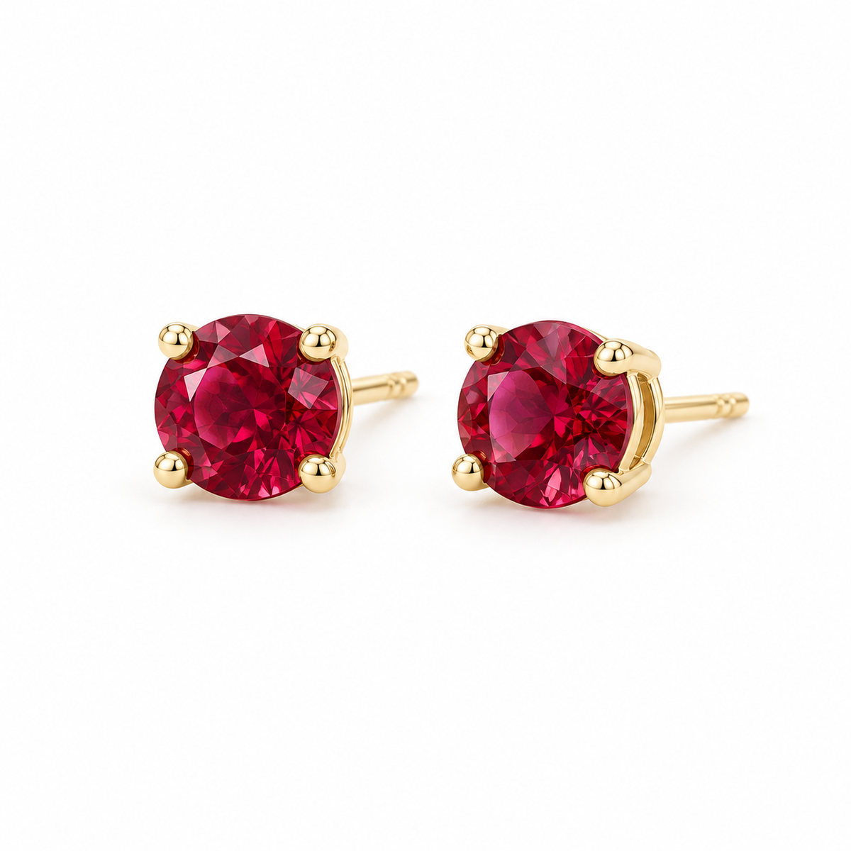 14K Yellow Gold Lab-Grown Ruby Four-Prong Stud Earrings — 5 mm stones — enhanced studio view