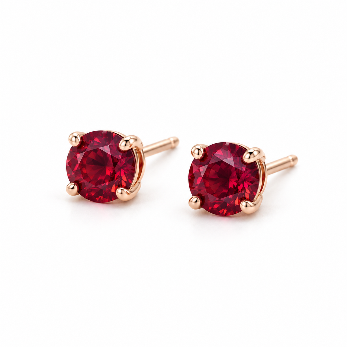 14K Rose Gold Lab-Grown Ruby Four-Prong Stud Earrings — 5 mm stones — enhanced studio view