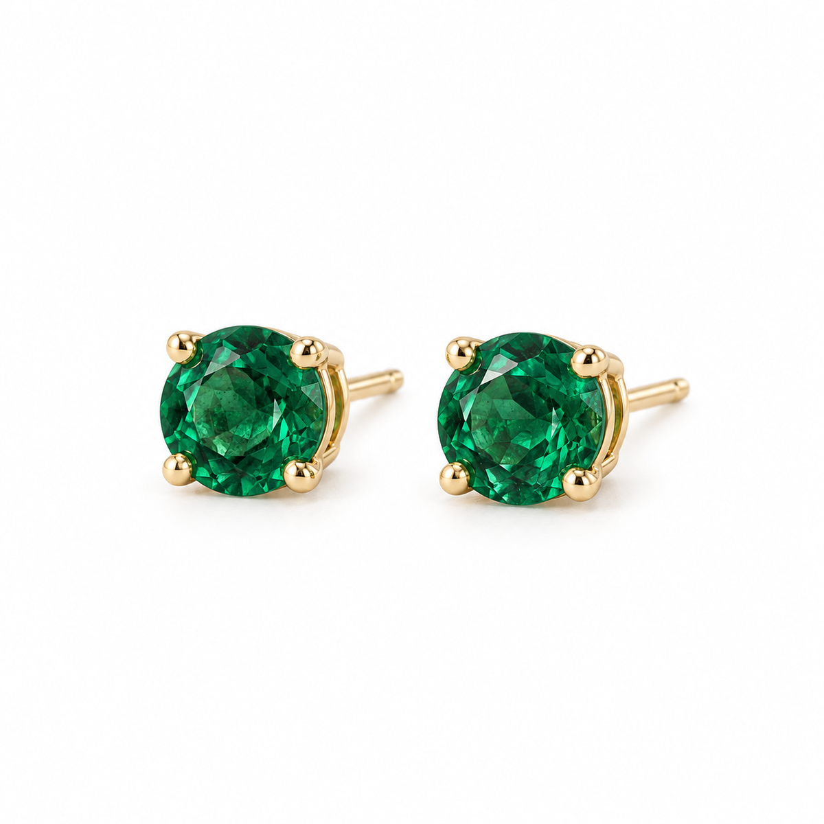 14K Yellow Gold Lab-Grown Emerald Four-Prong Stud Earrings — 5 mm stones — enhanced studio view