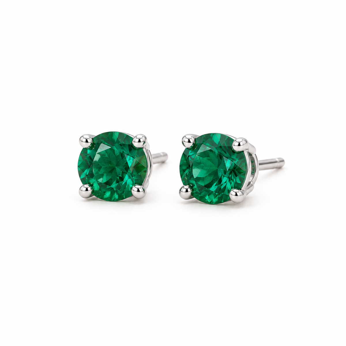 14K White Gold Lab-Grown Emerald Four-Prong Stud Earrings — 5 mm stones — enhanced studio view