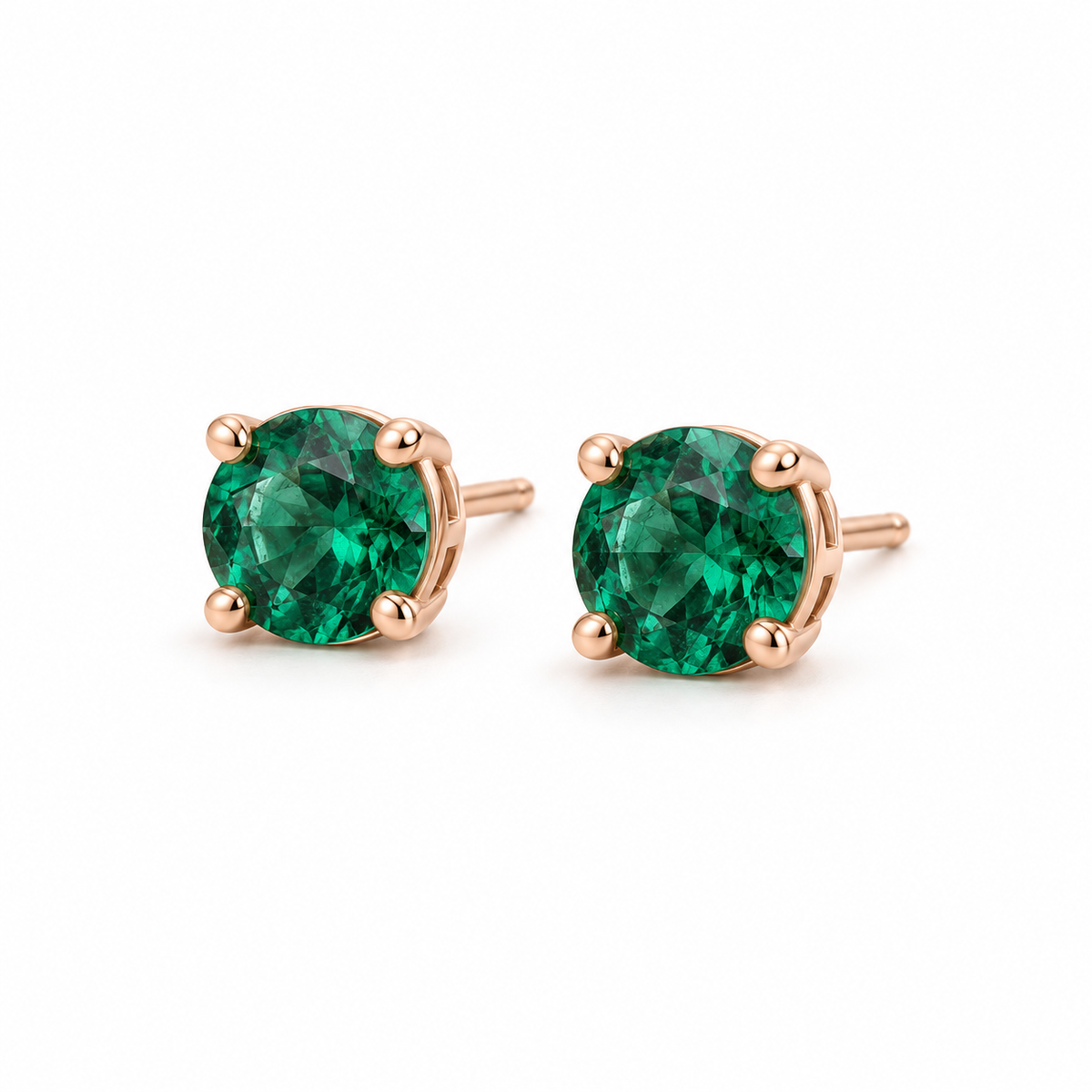 14K Rose Gold Lab-Grown Emerald Four-Prong Stud Earrings — 5 mm stones — enhanced studio view
