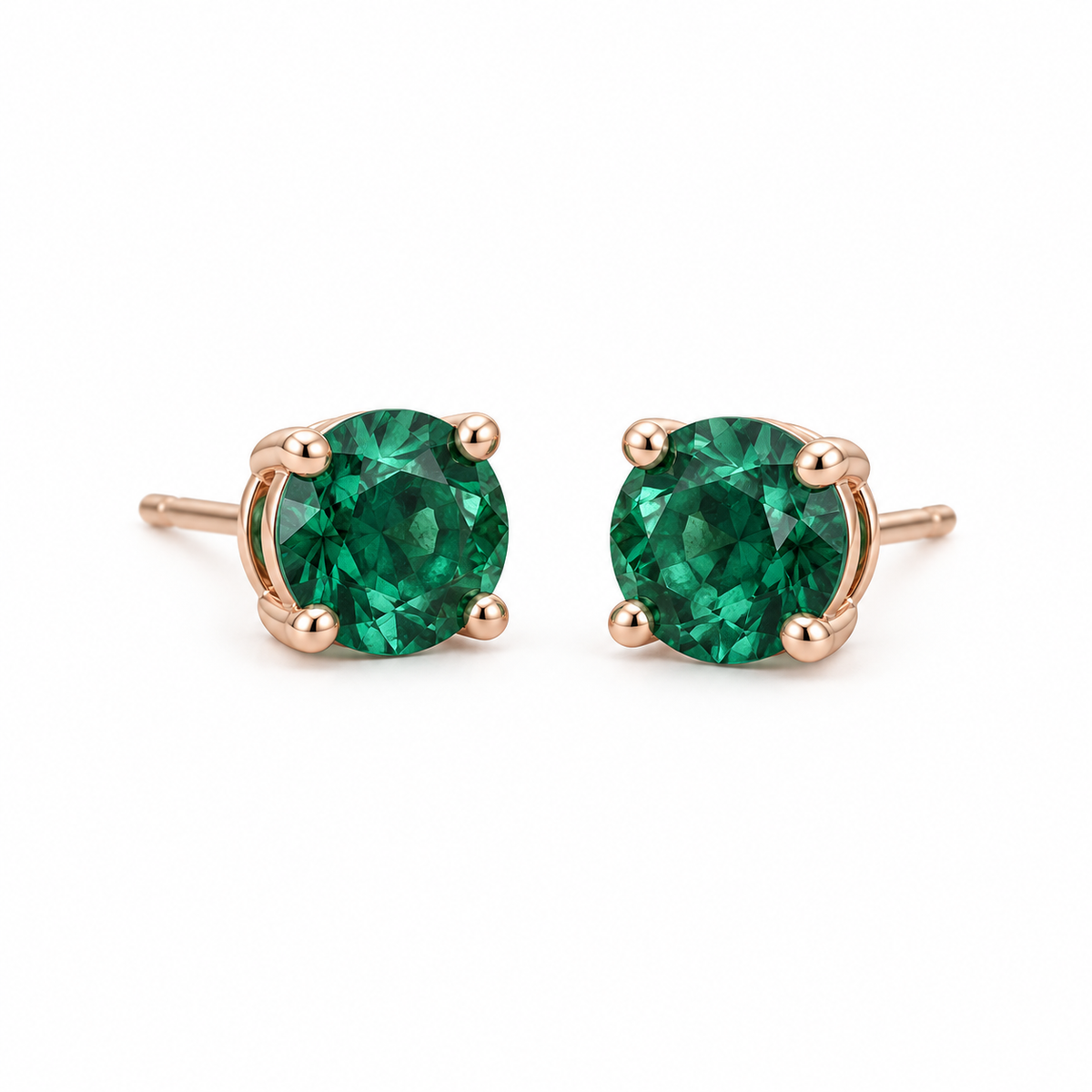 14K Rose Gold Lab-Grown Emerald Four-Prong Stud Earrings — 6 mm stones — enhanced studio view