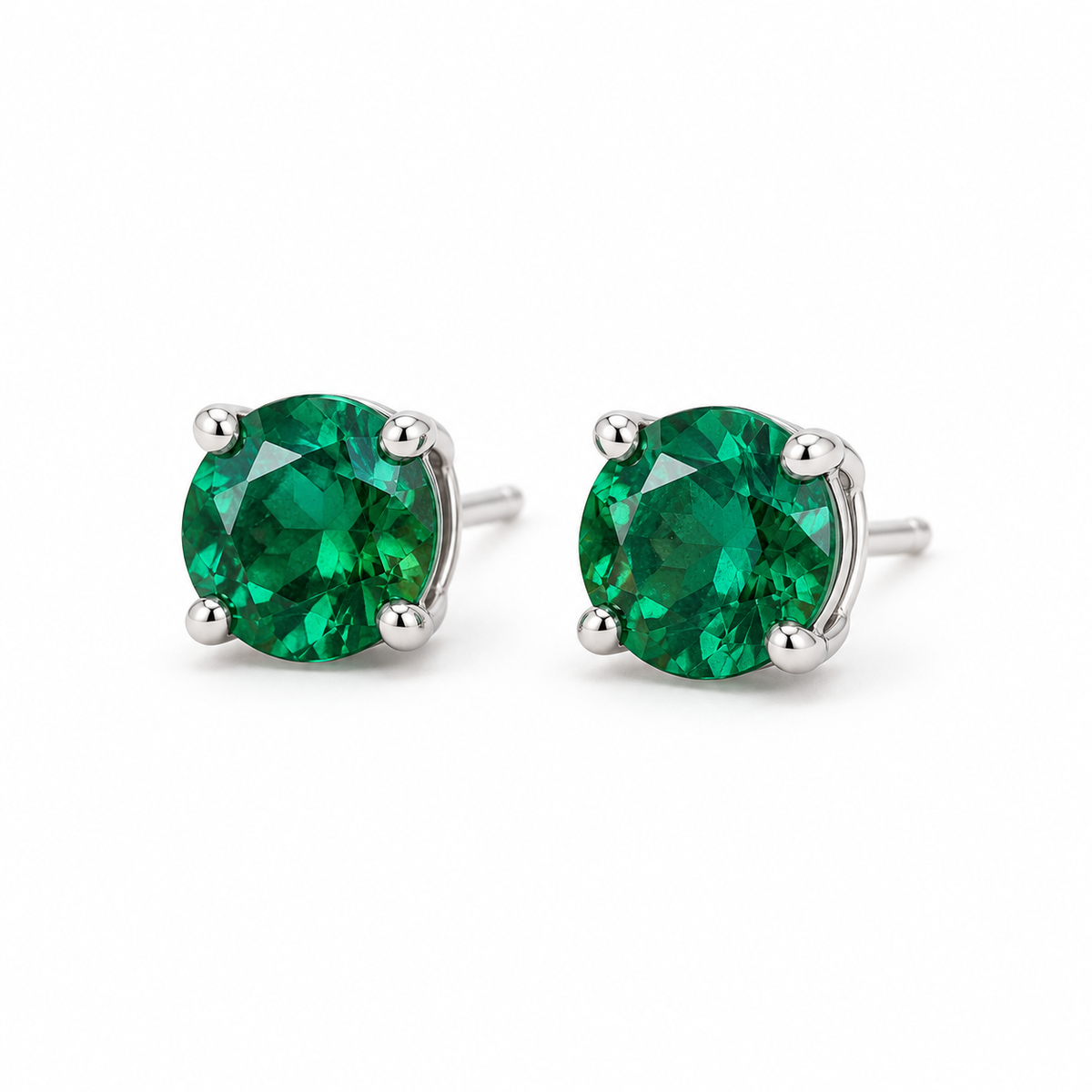 14K White Gold Lab-Grown Emerald Four-Prong Stud Earrings — 6 mm stones — enhanced studio view