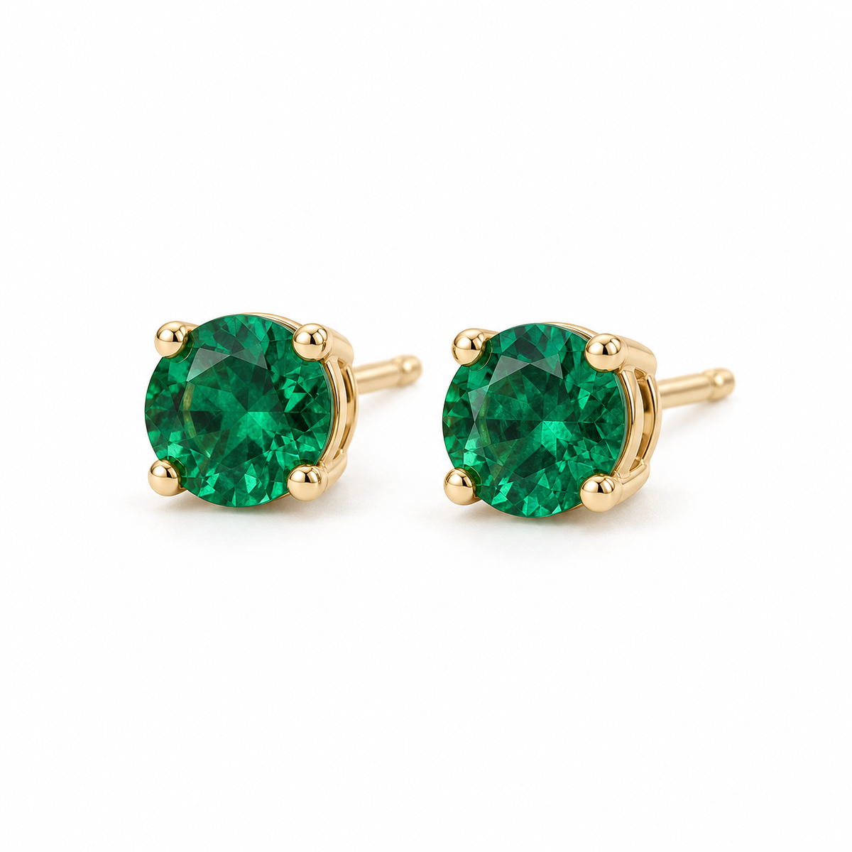 14K Yellow Gold Lab-Grown Emerald Four-Prong Stud Earrings — 6 mm stones — enhanced studio view