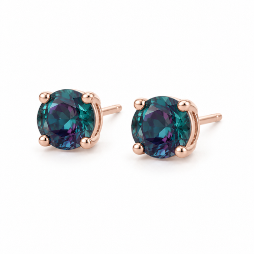14K Rose Gold Lab-Grown Alexandrite Four-Prong Stud Earrings — 6 mm stones — enhanced studio view