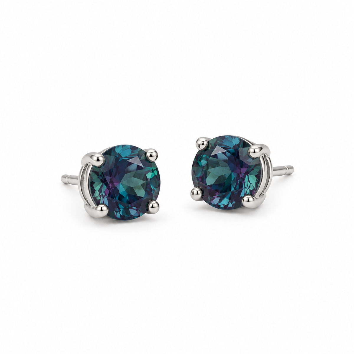 14K White Gold Lab-Grown Alexandrite Four-Prong Stud Earrings — 6 mm stones — enhanced studio view