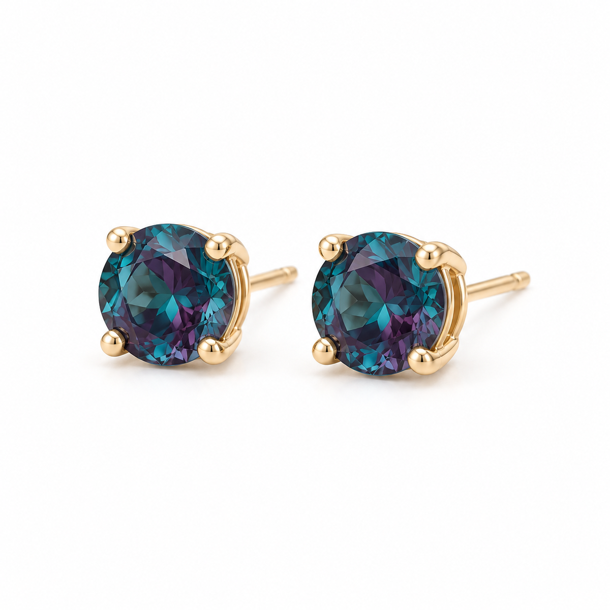 14K Yellow Gold Lab-Grown Alexandrite Four-Prong Stud Earrings — 6 mm stones — enhanced studio view