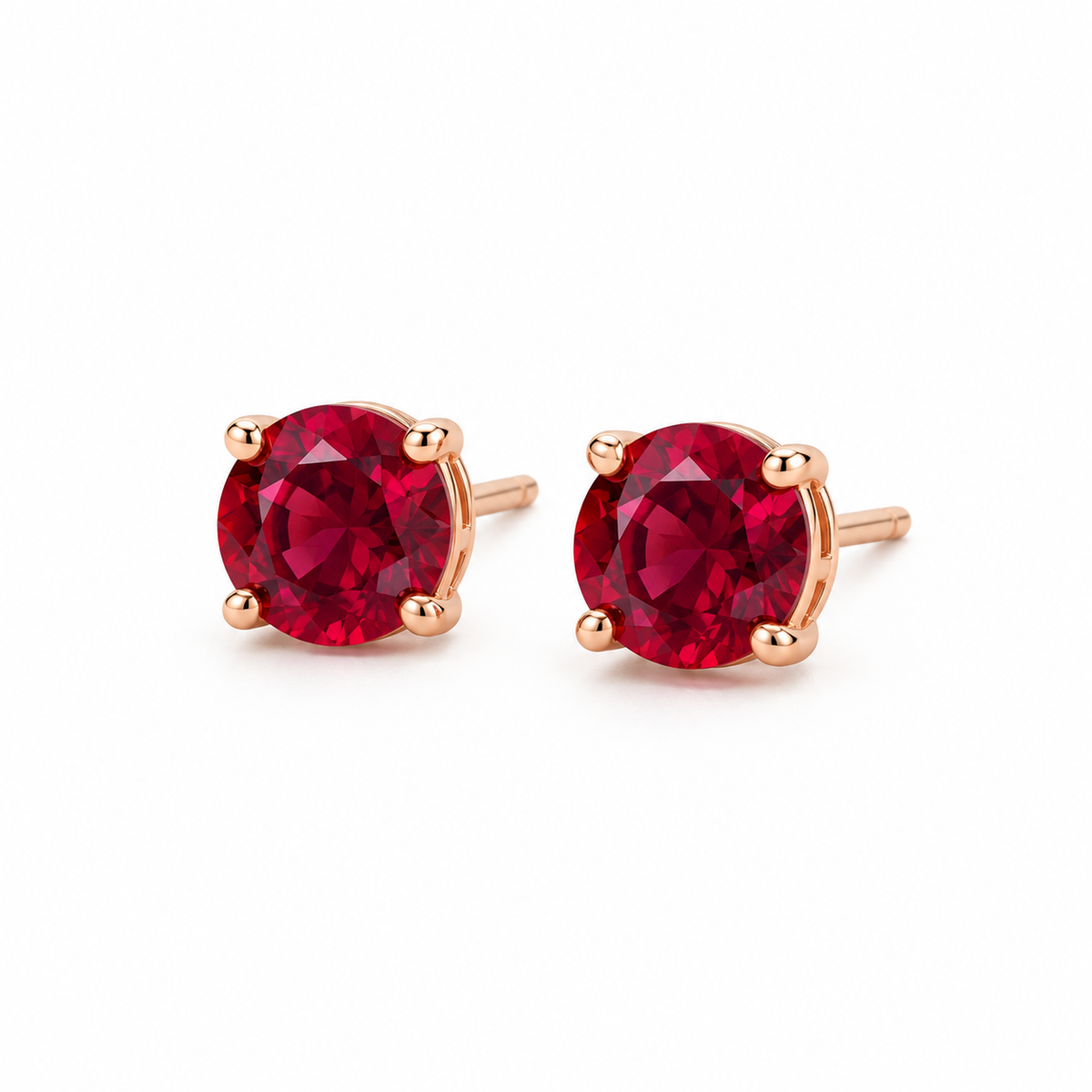 14K Rose Gold Lab-Grown Ruby Four-Prong Stud Earrings — 6 mm stones — enhanced studio view