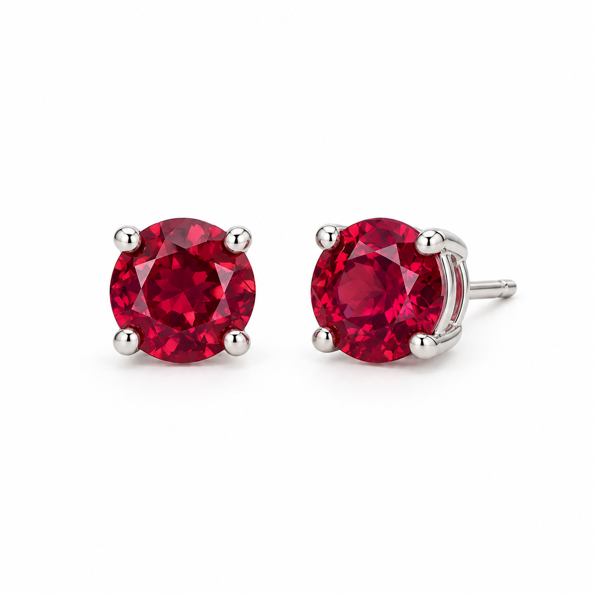 14K White Gold Lab-Grown Ruby Four-Prong Stud Earrings — 6 mm stones — enhanced studio view