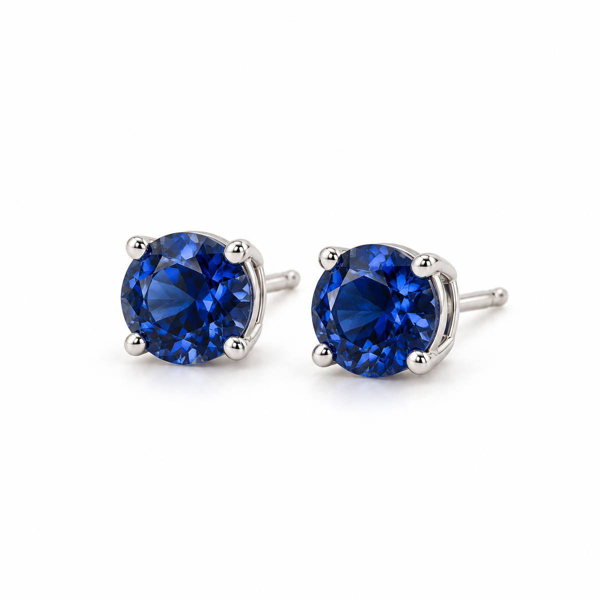 14K White Gold Lab-Grown Blue Sapphire Four-Prong Stud Earrings — 6 mm stones — enhanced studio view