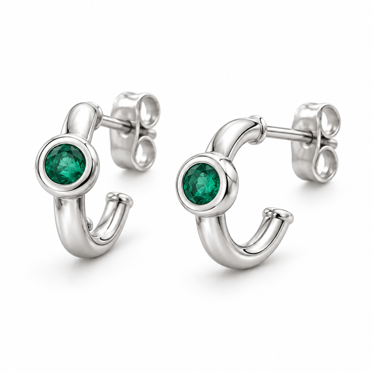 14K White Gold Lab-Grown Emerald Bezel Huggie Earrings — 3 mm stones — enhanced studio view
