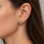 14K White Gold Lab-Grown Alexandrite Bezel Huggie Earrings — 3 mm stones — on-ear illustration based on listed dimensions