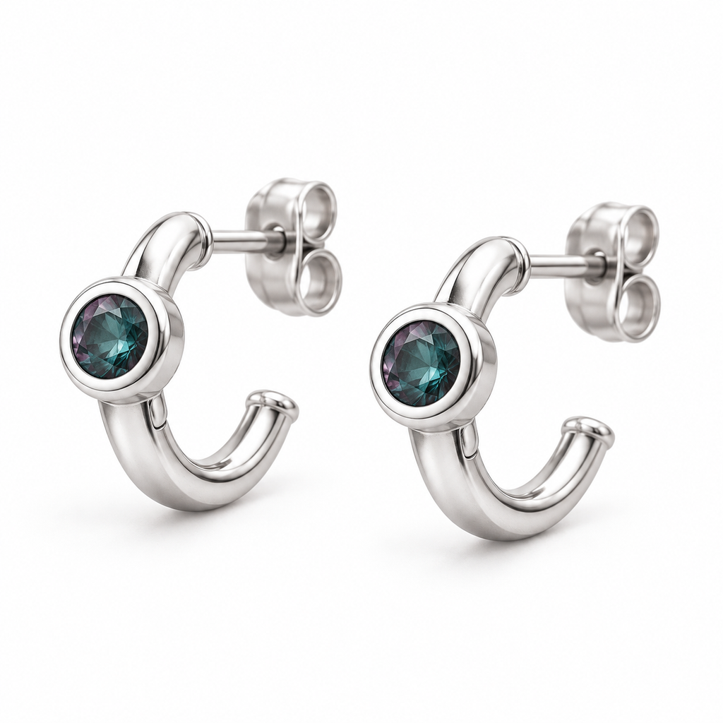 14K White Gold Lab-Grown Alexandrite Bezel Huggie Earrings — 3 mm stones — enhanced studio view
