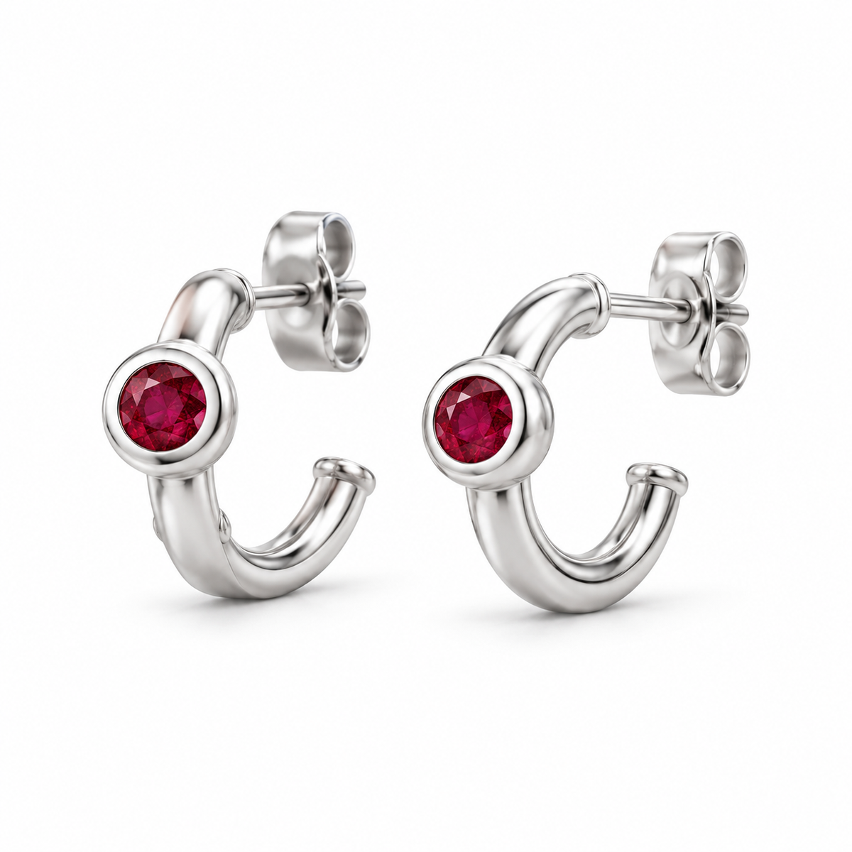 14K White Gold Lab-Grown Ruby Bezel Huggie Earrings — 3 mm stones — enhanced studio view