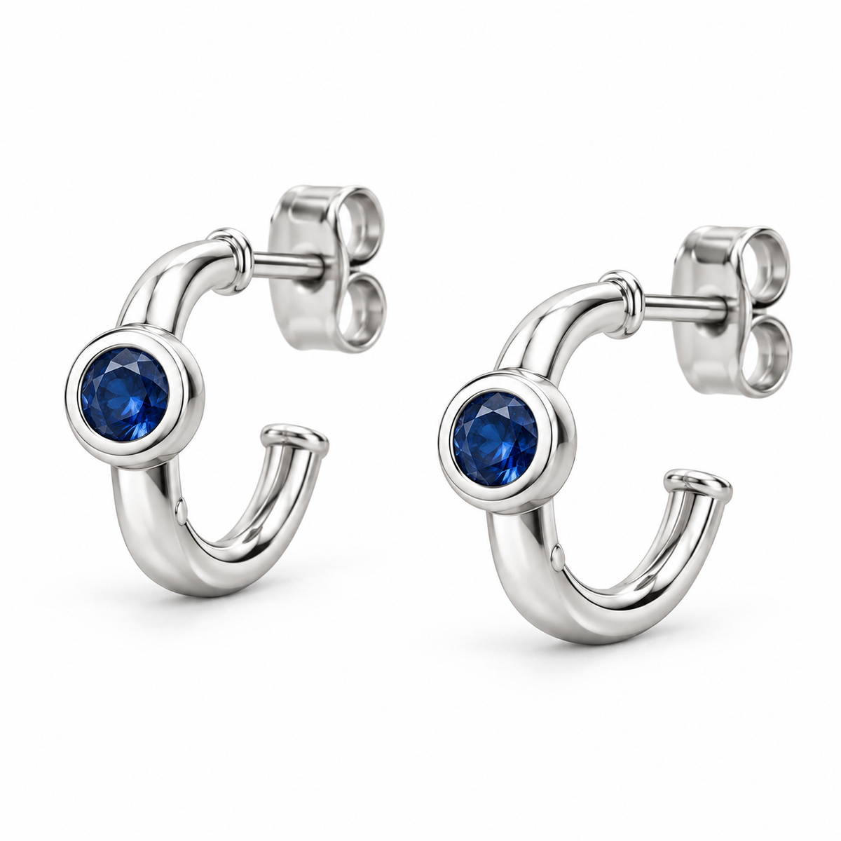 14K White Gold Lab-Grown Blue Sapphire Bezel Huggie Earrings — 3 mm stones — enhanced studio view
