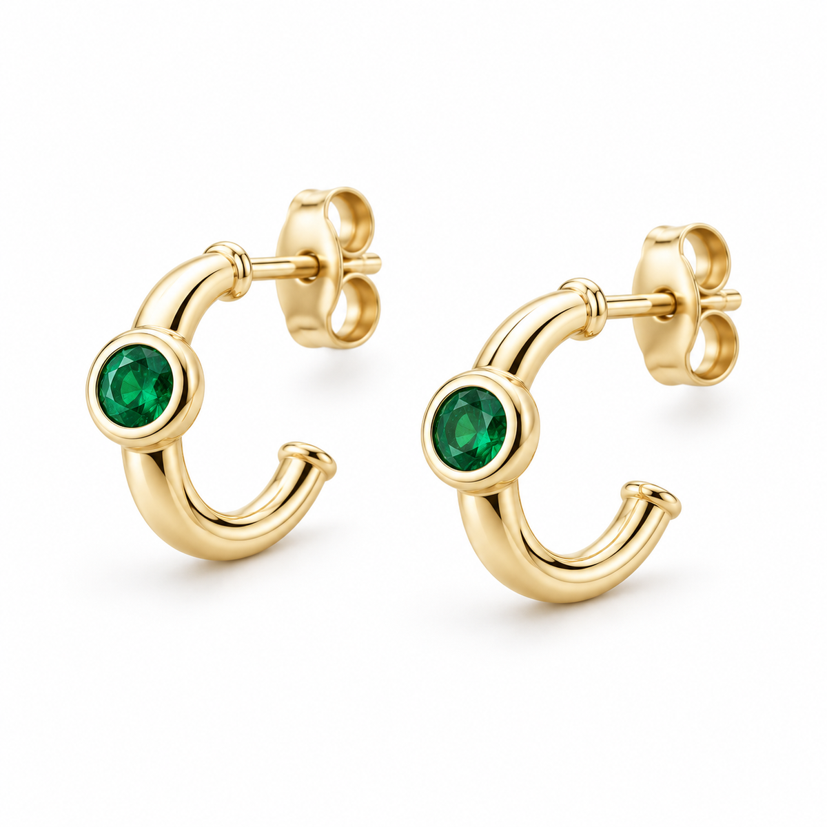 14K Yellow Gold Lab-Grown Emerald Bezel Huggie Earrings — 3 mm stones — enhanced studio view
