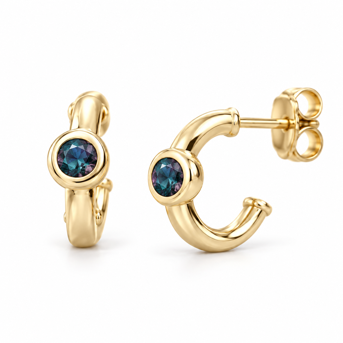 14K Yellow Gold Lab-Grown Alexandrite Bezel Huggie Earrings — 3 mm stones — enhanced studio view
