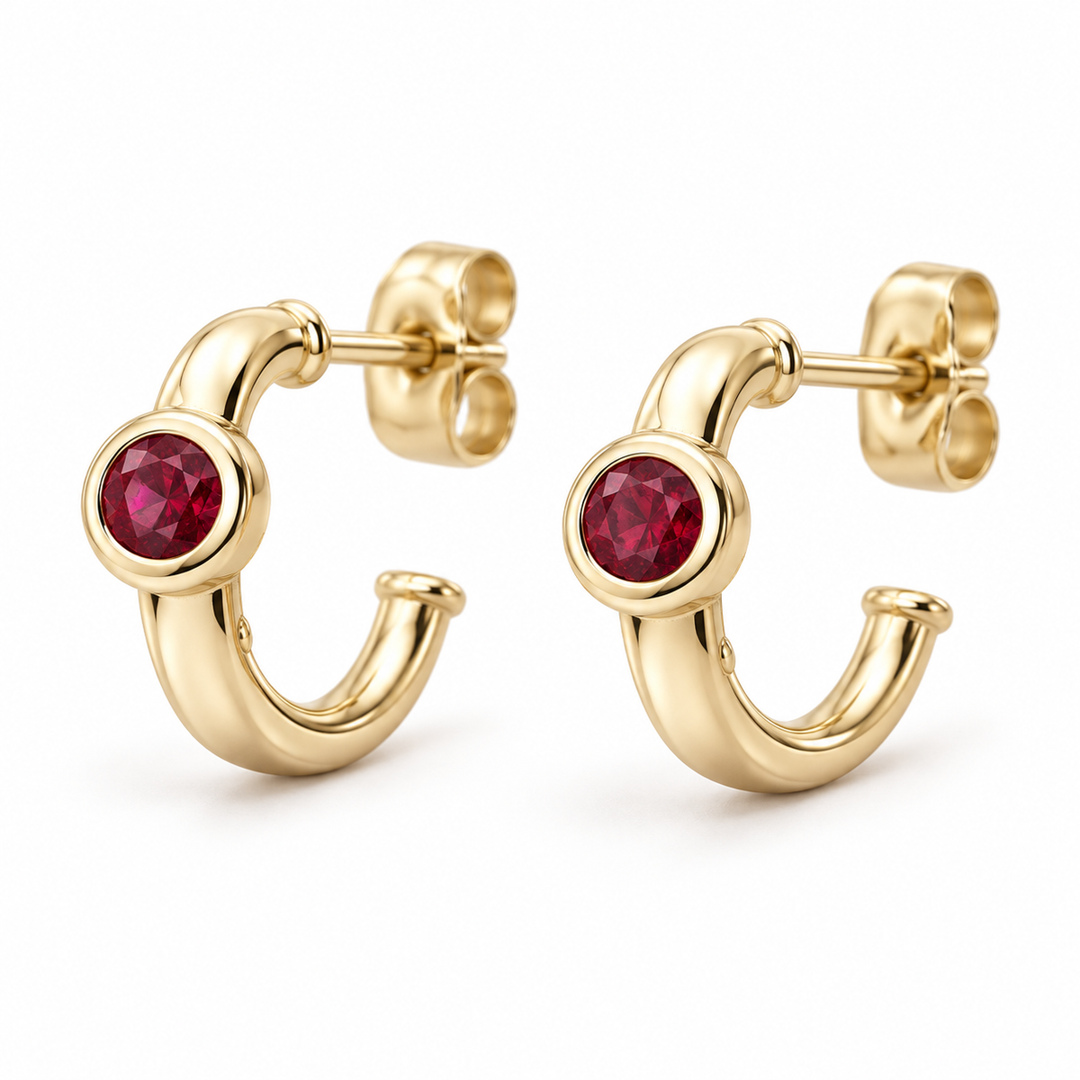 14K Yellow Gold Lab-Grown Ruby Bezel Huggie Earrings — 3 mm stones — enhanced studio view