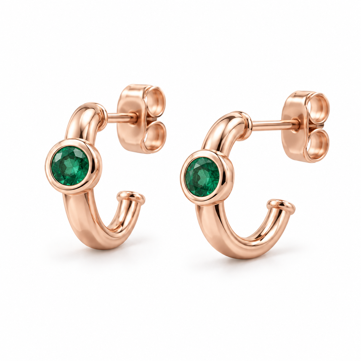 14K Rose Gold Lab-Grown Emerald Bezel Huggie Earrings — 3 mm stones — enhanced studio view
