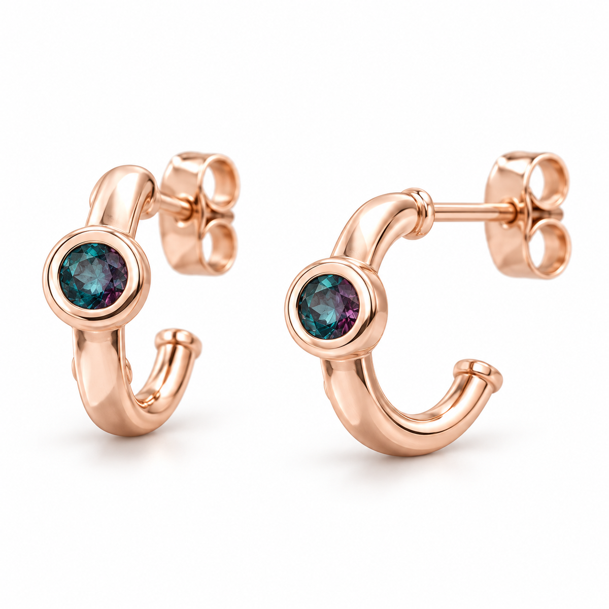 14K Rose Gold Lab-Grown Alexandrite Bezel Huggie Earrings — 3 mm stones — enhanced studio view