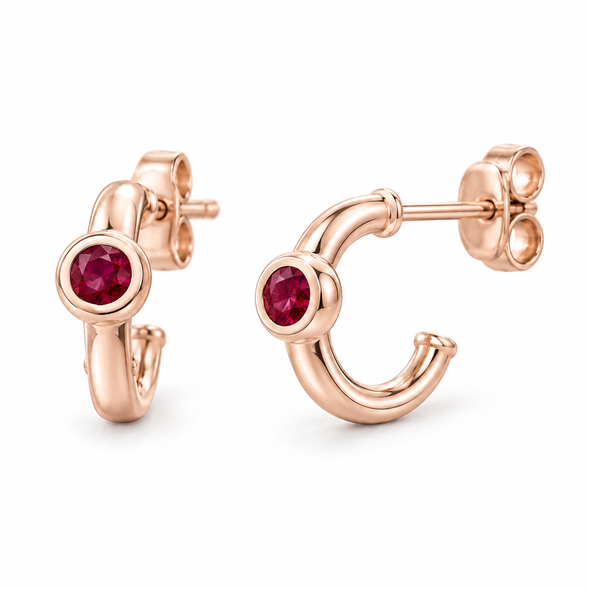 14K Rose Gold Lab-Grown Ruby Bezel Huggie Earrings — 3 mm stones — enhanced studio view